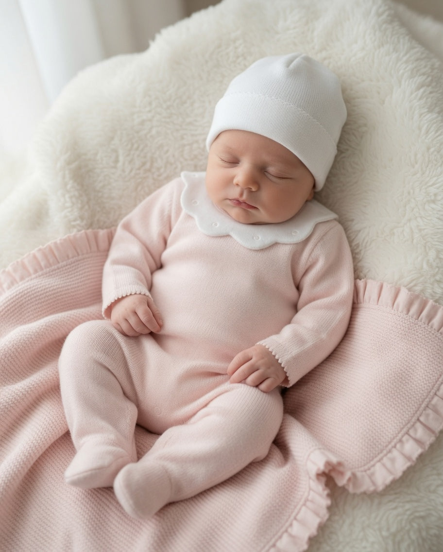 A sleeping newborn baby wearing a soft pink footie with a white scalloped collar and a white hat, lying on a soft pink blanket over a white textured blanket.