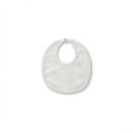 A white fabric baby bib with a rounded shape, a central neck opening, and a small tab at the top, shown on a plain white background.