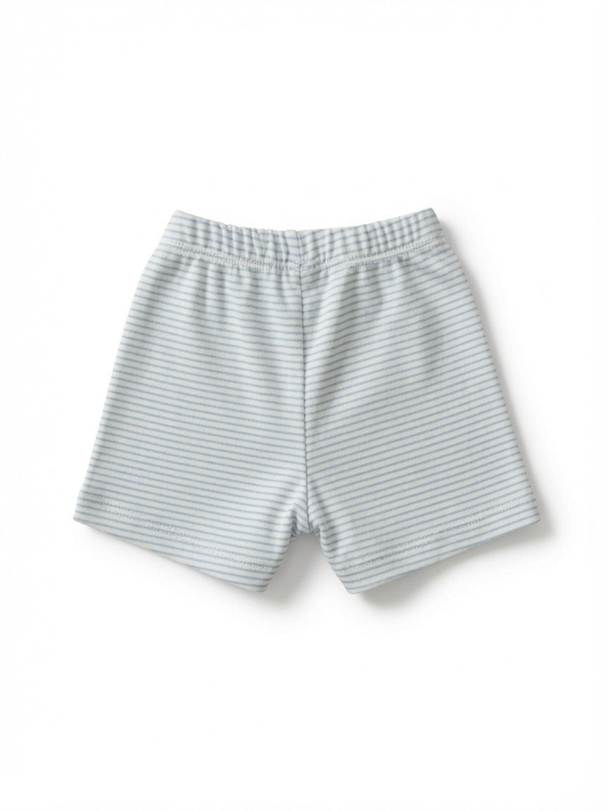 Light blue and white striped baby shorts with an elastic waistband, shown flat on a white background.