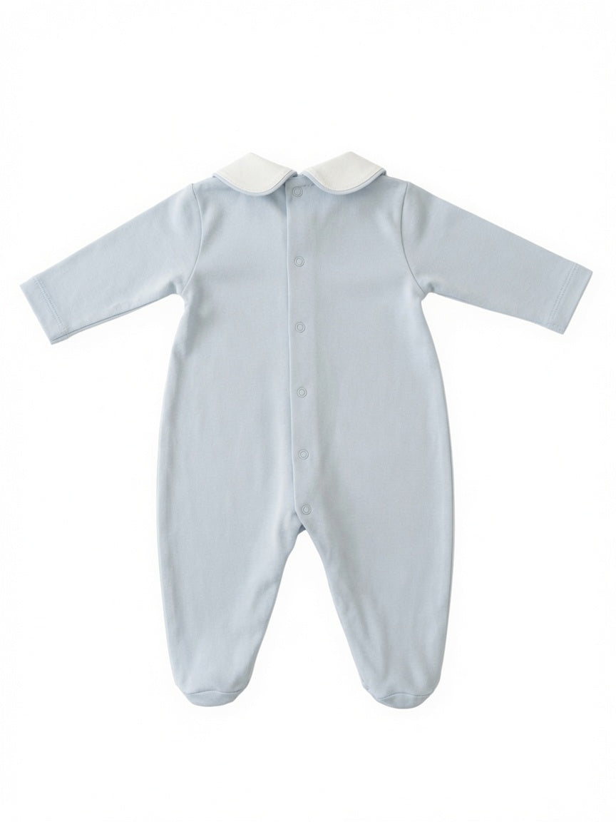 A baby long-sleeve footie in cloud blue colour with a contrasting white collar, shown flat on a white background.