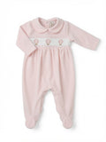 Little Pima soft pink smocked footie with hot air balloon handmade embroidery and Peter Pan collar in plush material