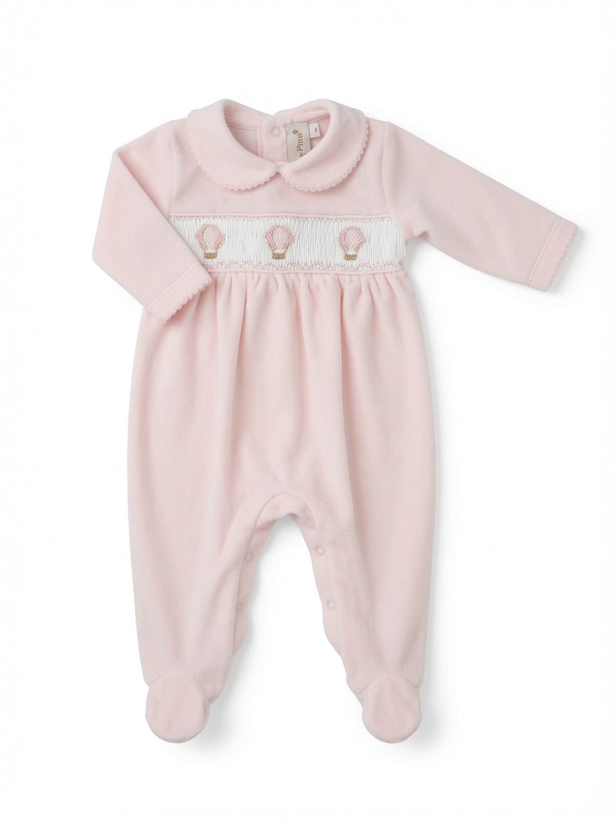 Little Pima soft pink smocked footie with hot air balloon handmade embroidery and Peter Pan collar in plush material