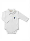 A white long-sleeve baby polo bodysuit with a small blue hot air balloon embroidered on the left chest, made from Peruvian pima cotton.