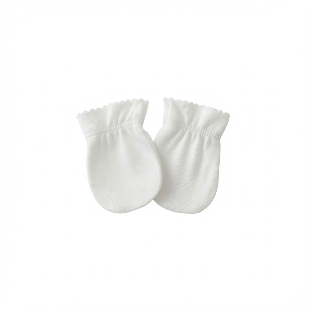 A pair of white baby mittens with picot edges, shown against a plain white background