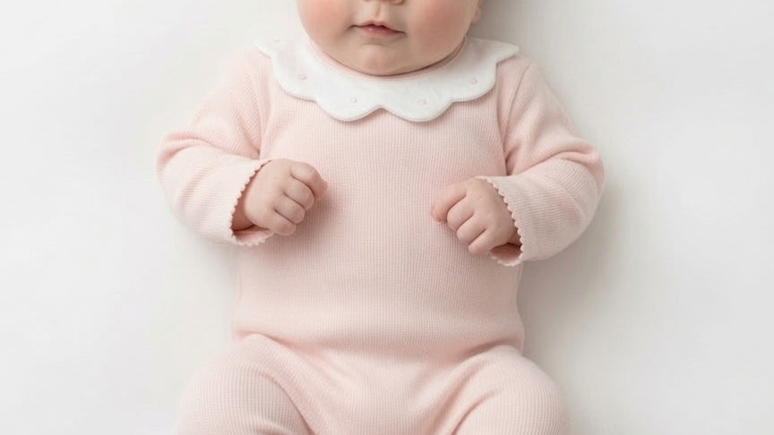 A baby lying on a white background wearing a soft pink Little Pima footie with a white ruffled collar.