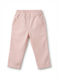 A pair of toddler's light pink pants with an elastic waistband and side pockets, shown flat on a white background.