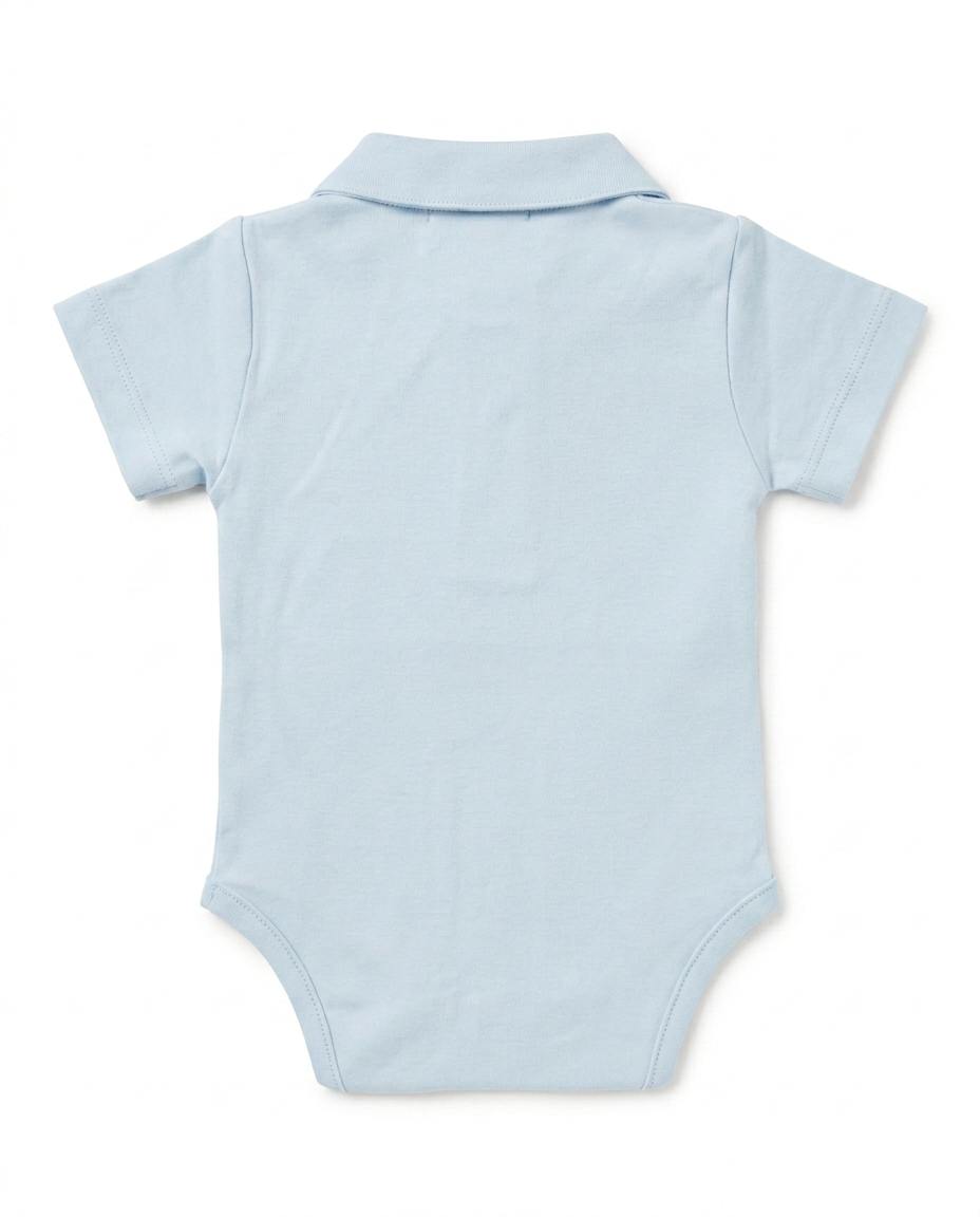 A light blue short-sleeve baby bodysuit shown from the back, featuring a polo-style collar, photographed on a clean white background.