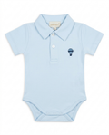 A light blue short-sleeve baby polo bodysuit with a small navy blue hot air balloon embroidery on the left chest, shown on a plain white background.