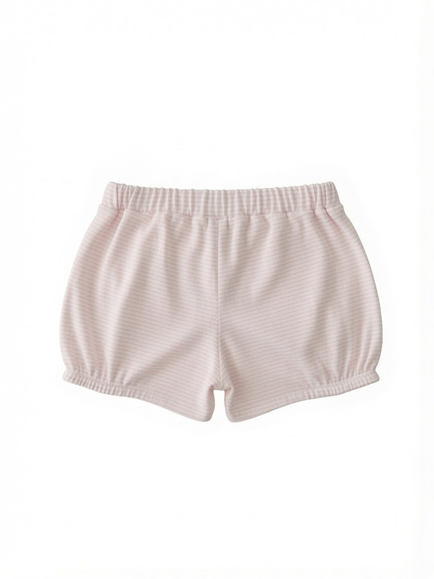 A pair of light pink and white horizontally striped baby bloomers with an elastic waistband, shown flat on a white background.